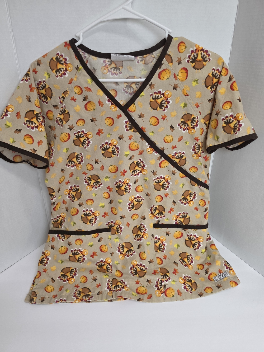 UA Scrubs Beige Thanksgiving Print Wrap-Style Tunic with Brown Trim